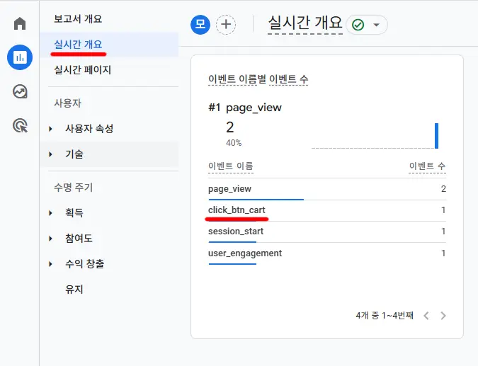 구글 애널리틱스 실시간 보고서 이벤트 이름별 이벤트 수